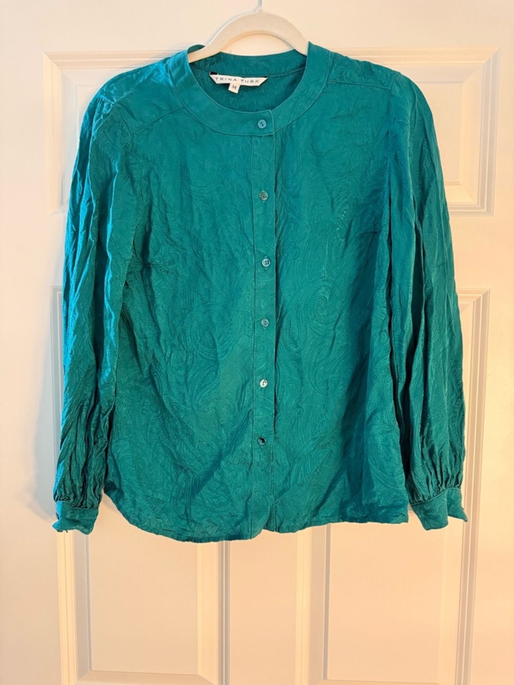 Trina Turk Silk Button Up Blouse, Long Sleeve, Teal/Green, Paisley, Size M